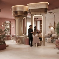 Ensemble de mobilier professionnel pour salon de beauté de luxe : miroir de coiffure, comptoir d'exposition et design intérieur