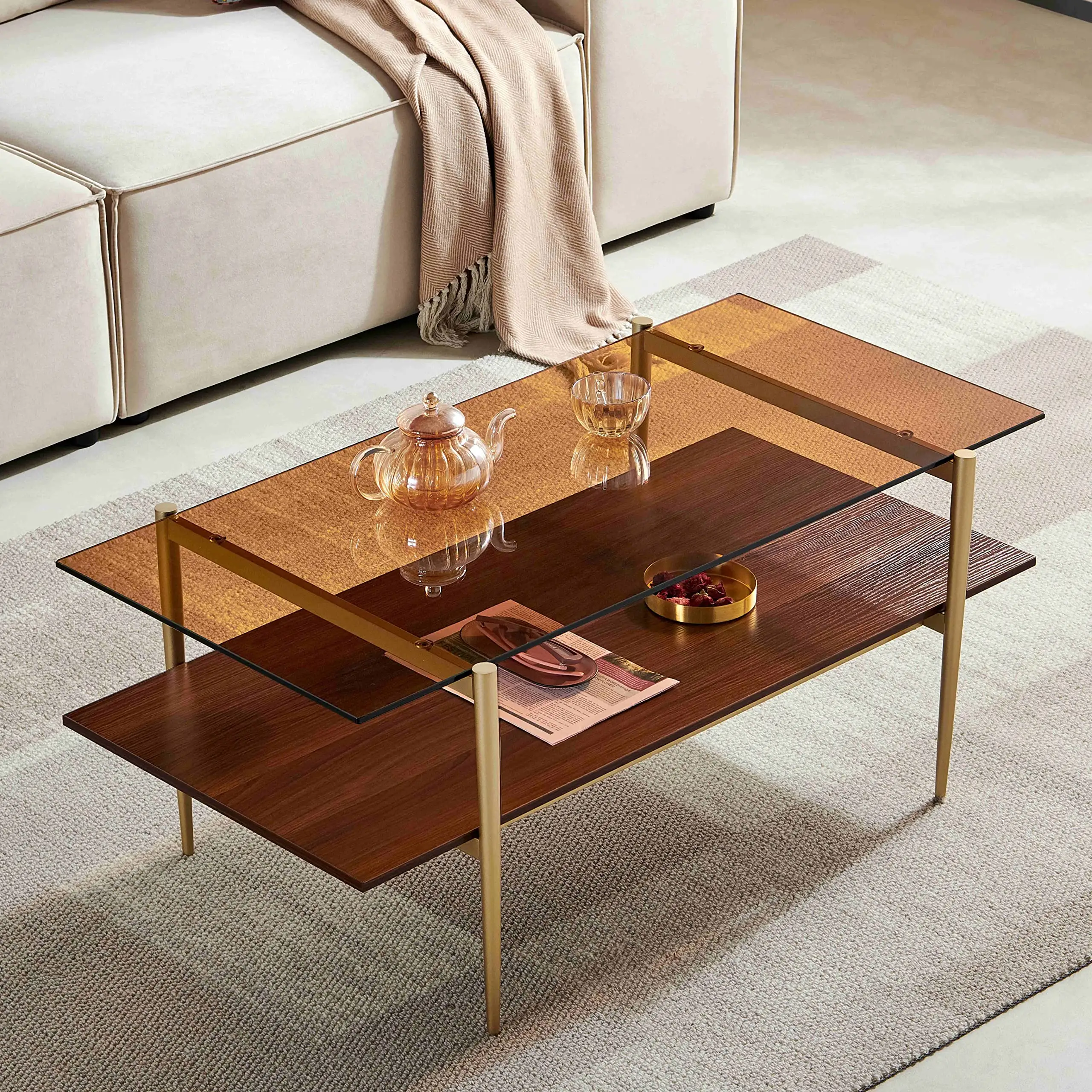 Melhor preço mesa de café de vidro Double Layer Coffee Table para Living Space Coffee Brown Glass Top & Walnut Top madeira marrom