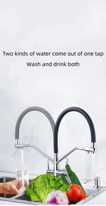 Robinet de cuisine contemporain YF à 3 voies, en laiton doré, avec douchette extractible, double poignée, <span class=keywords><strong>filtre</strong></span> à eau potable, bec flexible en silicone - Product Image 4