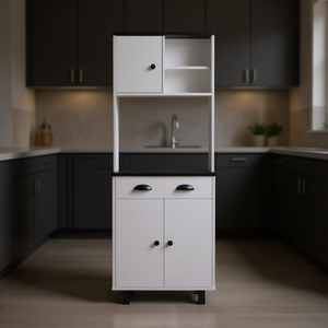 Mobile dispensa da cucina bianco e nero con ruote, unità di stoccaggio moderna in MDF per cucina - Product Image 2
