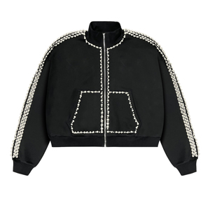 Sudadera con capucha negra de alta calidad para hombre, con cremallera, adornada con perlas y piedras, cuello alto, estilo urbano, informal y a la moda. - Product Image 1