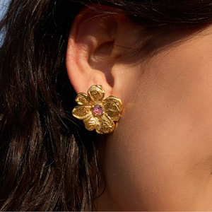 Floral <b>Titanium</b> Steel <b>Stud</b> Earrings With Purple Gem Bezel Setting For Women Gift Jewelry - Product Image 2