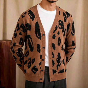 <b>Men</b> Jacquard <b>Cardigan</b> Knit V Neck Long Sleeve Button Front Leopard Pattern <b>Sweater</b> for Autumn Winter - Product Image 3