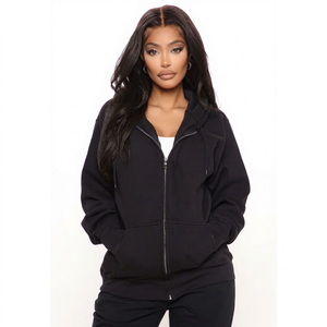 Sudadera con Capucha Negra Personalizada para Mujer, con Cierre, Informal, de Forro Polar, Manga Larga, Color Sólido, para Otoño - Product Image 1