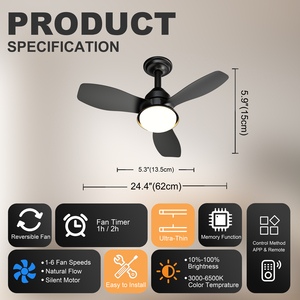 24.4" Black Ceiling <b>Fan</b> with Light, 3 Blades 6-Speed Reversible Quiet DC Motor, Dimmable LED Flush Mount for Bedroom Living Room - Product Image 6