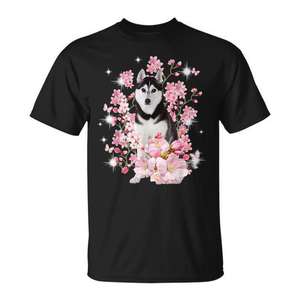 T-shirt Husky Dog avec fleurs de cerisier japonais Sakura - Product Image 1