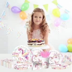 Décorations d'anniversaire licorne arc-en-ciel, vaisselle pour fête licorne pour fille, assiettes et serviettes licorne, gobelets pastel - Product Image 3