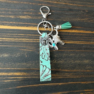 Da Retro Tây cao bồi keychain thiết kế Bohemian cao bồi Bull Head OX đầu xương Rồng Hoa tua dây đeo cổ tay móc khóa cho nam giới - Product Image 3
