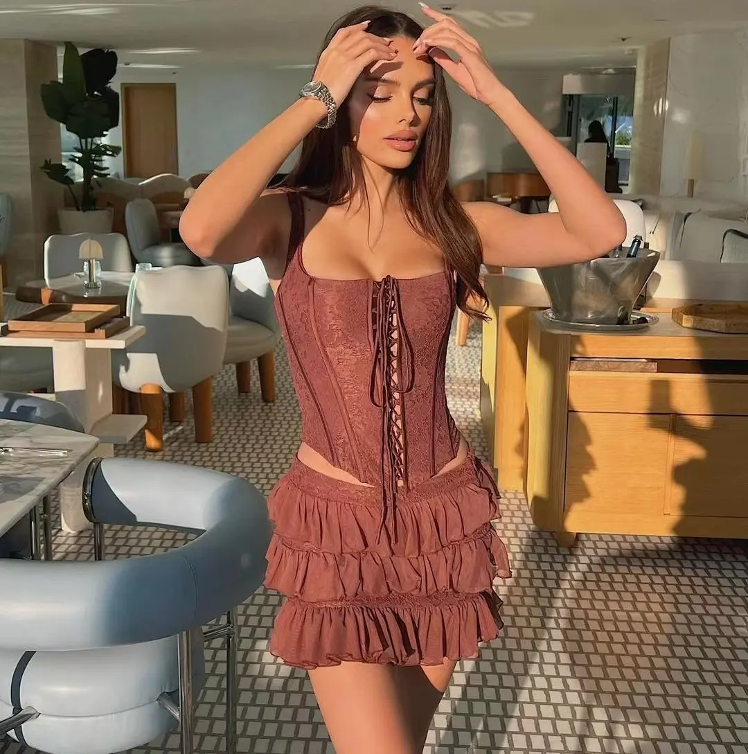 Sexy Brown Dress Cut out 2 Pcs Ruched Drawstring Backless Mini Bodycon Dresses Bandage Vintage Elastic Women Vestido 2024 2625