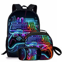 Lot de 3 sacs à dos néon pour gamer, imprimé manette de jeu, unisexe, avec boîte à lunch et trousse à crayons, fermeture éclair géométrique