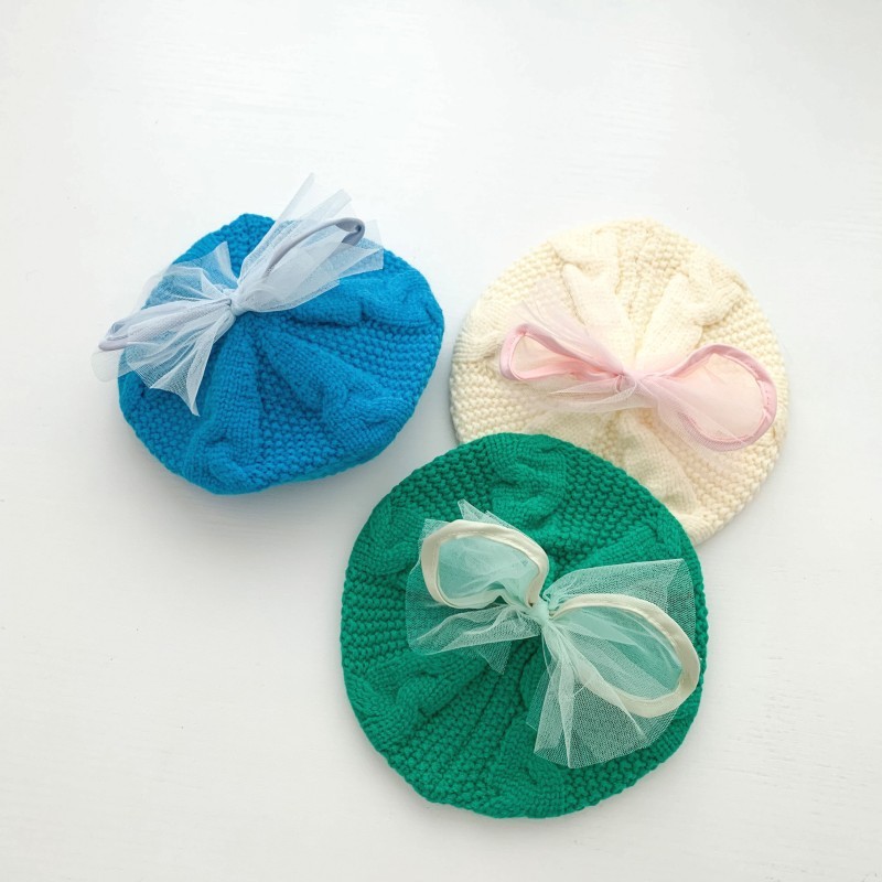 Toddler Kids Beret Hats Fall Spring Winter Warm Knitted Caps with Tulle Bow Knot 10 Colors Cute Hat For Baby Girls 1-6 Years