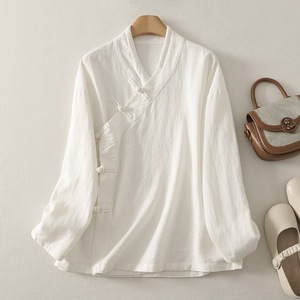 Traditional Chinese Top Cotton Linen Long Sleeve Zen Meditation Tea Dress White Black Hemp Solid Color Diagonal Placket Chinese - Product Image 2