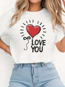 T-shirt da donna con stampa di cuori e palloncini per San Valentino, girocollo, manica corta, casual, primavera estate, taglie forti, 100% cotone - Product Image 1