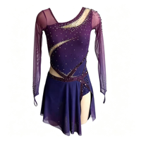 Robe de patinage artistique asymétrique à découpes, manches longues, dos en maille, ornée de strass, pour filles et femmes, couleur violet foncé
