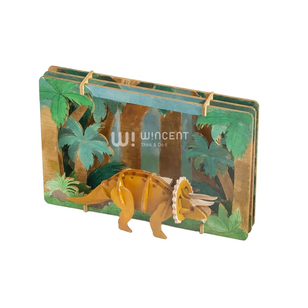 Factory wholesale new puzzle gifts custom logo wooden puzzle 3D theater models dinosaur kid wood toy