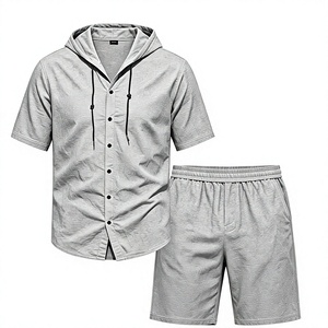 Men Solid Color Breathable Knitted Hooded Short Sleeve Shirt Set Button-Up Top Elastic Waist Shorts Casual Summer Outfit - Product Image 1