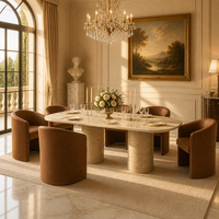 Table à manger rectangulaire extensible et pliable en marbre sculpté à la main avec un ensemble de 7 fauteuils en cuir pour la décoration de villa