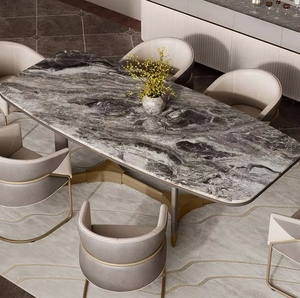 Mesa de comedor rectangular redondeada personalizada de gama alta moderna nórdica, mesa de comedor con diseño de roca de mármol - Product Image 1