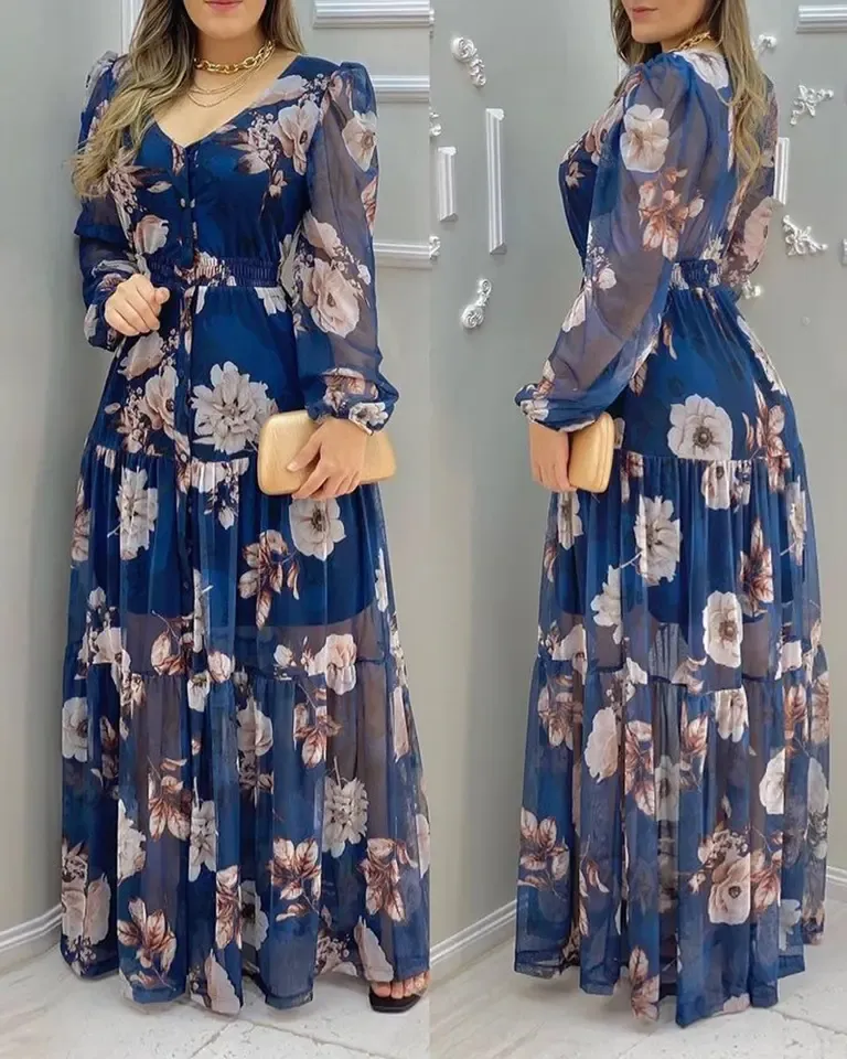 Kadın elbise üreticisi toptan uzun kollu şifon çiçek elbise yaz özel logo maxi bohemian elbise