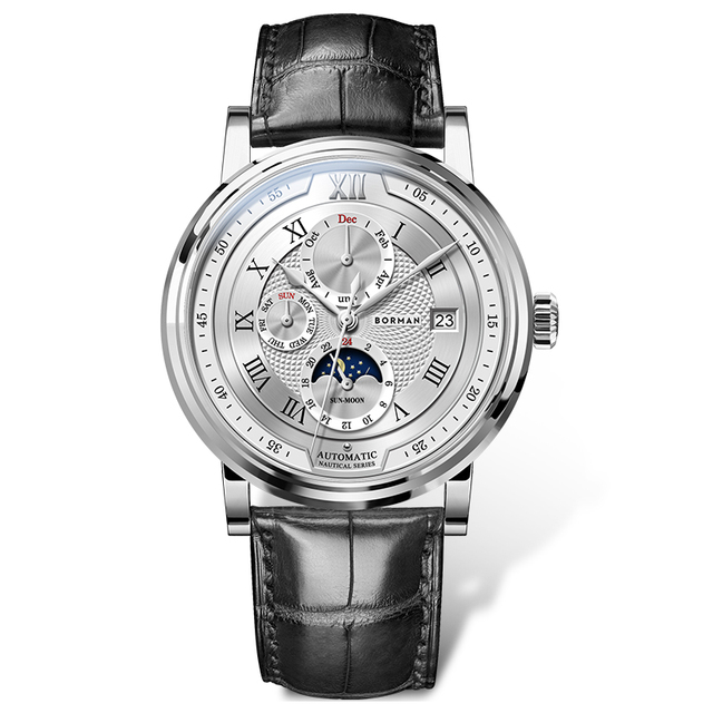 BORMAN High Quality Men's Mechanical Watch Automatic 24 Hours Display Weekday Month Water Resistant Leather Band Stainless Steel
