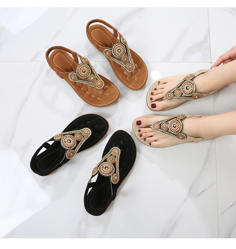 New Bohemian Sandals Simple Casual Flat Bottom Clip Toe Comfortable Rhinestone Sandals Femme