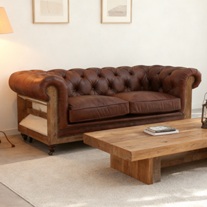 देहाती चमड़े के चेस्टरफील्ड अमेरिकी विंटेज प्राकृतिक काउच लिविंग रूम लकड़ी की प्राचीन शैली के लिए - Product Image 5