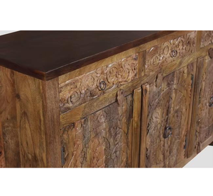 Buffet d'appoint traditionnel en bois avec panneaux gravés à la main et un grand rangement multi-étagères pour un style élégant - Product Image 4