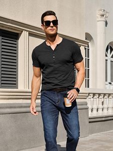 Chemises Henley pour hommes Chemises manches courtes coupe régulière <span class=keywords><strong>T</strong></span>-shirts vintage décontractés à boutons et <span class=keywords><strong>col</strong></span> en <span class=keywords><strong>V</strong></span> pour hommes - Product Image 3