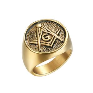 Bague maçonnique classique en acier inoxydable plaqué or avec pierre naturelle, personnalisable en usine, vente chaude transfrontalière, style européen et américain - Product Image 1