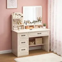 Coiffeuse avec chaise et miroir LED, table de maquillage moderne blanche avec 3 tiroirs, bureau de maquillage pour chambre à coucher avec étagères de rangement