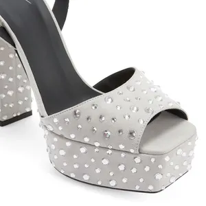 Kunden spezifisches Design und Farbe Wildleder mit Kristall Chunky High Heels mit Plattform Party Frau und Damen Sandalen Schuhe