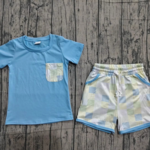 BSSO1950 Tenues personnalisées pour petit garçon, boutique, bleu uni, imprimé, vente en gros, ensemble enfant à manches courtes pour tout-petit - Product Image 1