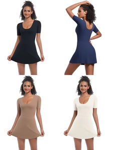 Frauen U-Ausschnitt Tennis kleid Yoga Sport rock Einfarbig Kurzarm Golf Beach Mini kleid Schlitz Saum Loose Soft Workout Wear - Product Image 5