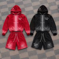 Ensemble de survêtement vintage pour homme, sweat à capuche rouge délavé et short en molleton orné de strass, deux pièces, streetwear, fermeture éclair, coupe oversize personnalisée