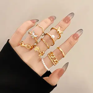 10 Pcs/set Bohemian Geometric Metal Ring Set Vintage Silver Plated Pearl Butterfly Finger Ring For Women Girls