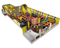 Équipement de parc de trampolines intérieur à prix d'usine, thème jaune, avec méga toboggan, escalade en spirale, trampolines hexagonales et mur d'agilité