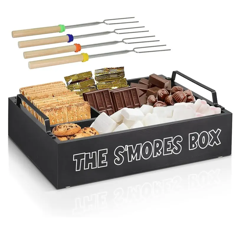 Custom Boerderij Houten S'mores Bar Houder Box Met 4 Uitschuifbare Stokken