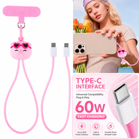 Tali Gantungan Ponsel Pink Pig 60W Kabel Pengisian Daya Cepat Portabel Mini Charger Cord Tali Gantungan Ponsel 60W Kabel Pengisian Daya USB Tipe C