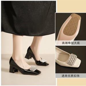 5688B-176 Fashion Rhinestone Pumps Square Toe <b>Block</b> Heel Mary Jane Shoes Medium Heel Solid Color Women's Pumps - Product Image 5