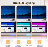 Meuble TV mural flottant noir moderne à finition brillante avec éclairage LED, prises électriques et étagères de rangement pour salon