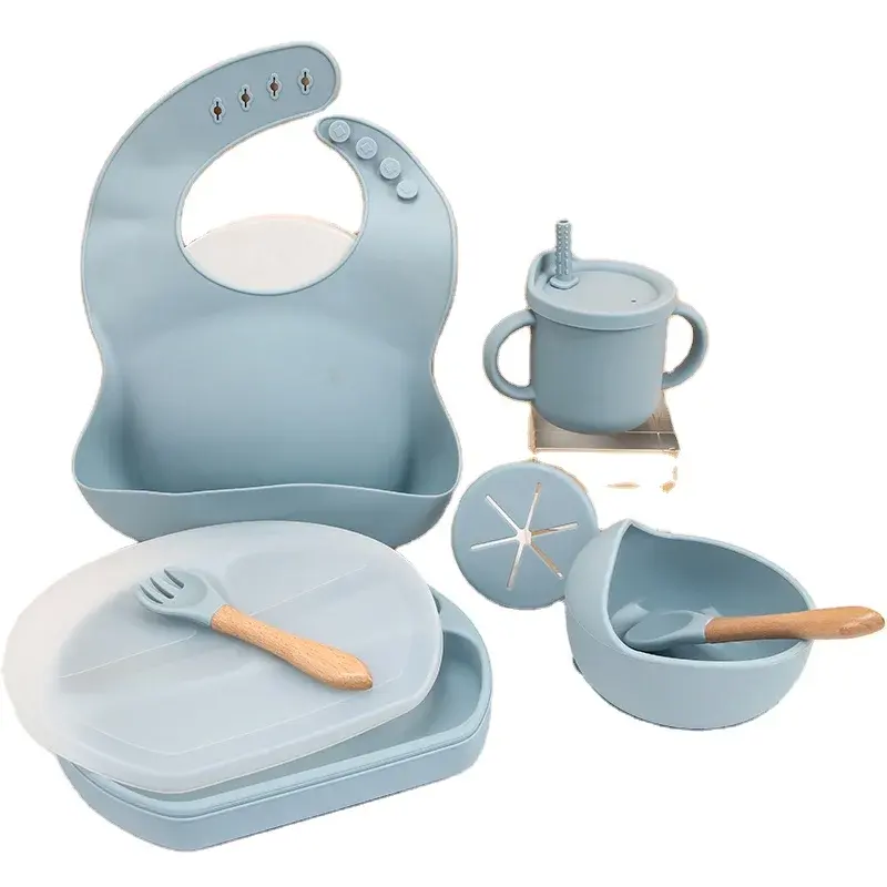 Plato de silicona sin BPA para bebé, ventosa, juego de platos y tazas de comida para bebé, vajilla de silicona para alimentación de bebé