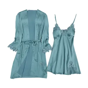 Spring summer ladies sexy ice silk nightgown strap nightdress two piece set pajamas thin home wear clothes for woman