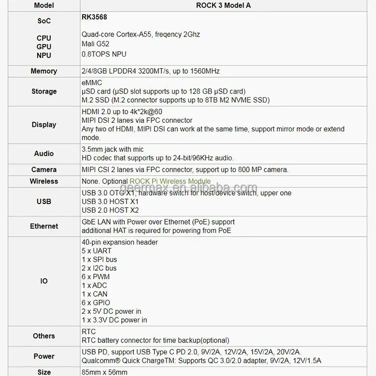 ROCK PI 3A 2G 4G 8G Rockchip RK3568 Chip Quad-Core A55 Hochleistungs-Motherboard-Entwicklungs karte Kein EMMC Rock Pi 3A