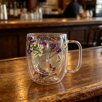 Tasses en verre à double paroi élégantes et résistantes à la chaleur, avec fleurs séchées, pour fêtes, maison et café – Vente chaude