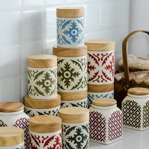 Set Wadah Penyimpanan Dapur, Toples Keramik Teh Kopi Gula untuk Dapur, Toples Penyimpanan Keramik Makanan Porselen dengan Tutup Kayu