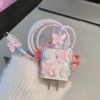 Étui de protection rose scintillant en cristal papillon pour chargeur iPhone 18W 20W PD, avec protection anti-casse pour câble de données