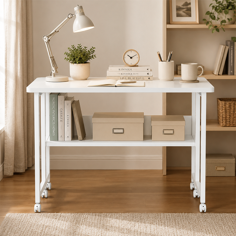 Minimalist Rolling Table with Wheels, White Mobile Work Desk with ...