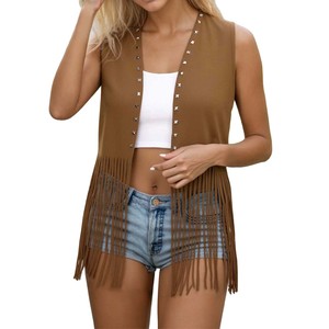 <strong>Women</strong> Vintage <strong>Sleeveless</strong> Faux Suede Fringe Vest Rivets Leather Western Boho Tassel Jacket Open Front Hippie <strong>Cardigan</strong> - Product Image 4