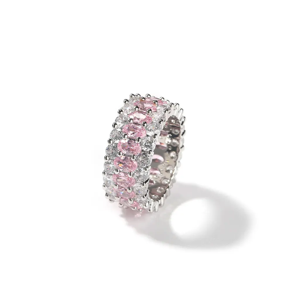 ヒップホップ男性女性分厚いピンクの楕円形カット銅象眼細工のジルコンカップルクリスタルダイヤモンド永遠の結婚指輪リング