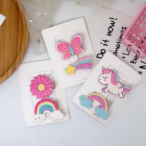 Pembe sim PU firkete 2 adet Unicorn & gökkuşağı saç klipleri sevimli tasarımcı Bling doğum günü veya parti hediye kızlar için saç aksesuarı